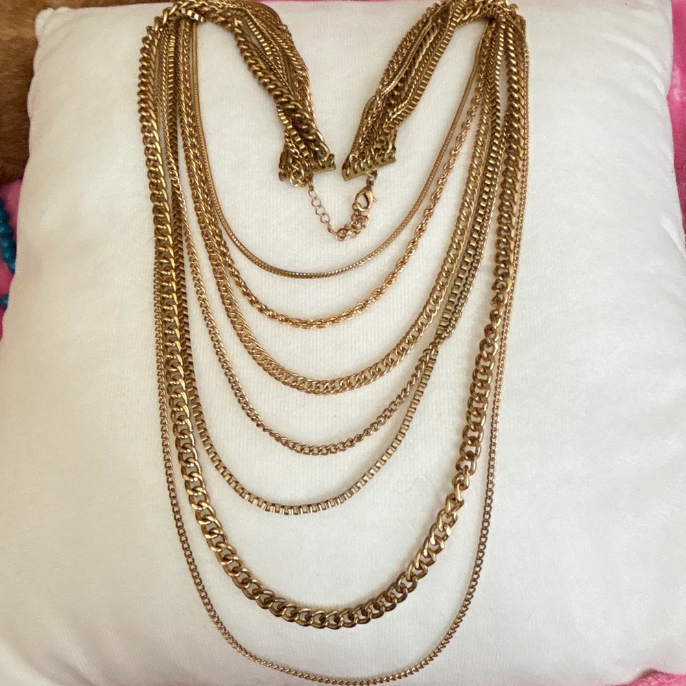 Gold Tone Multi Strand Layered Statement Necklace Tiered Mixed Chain Link